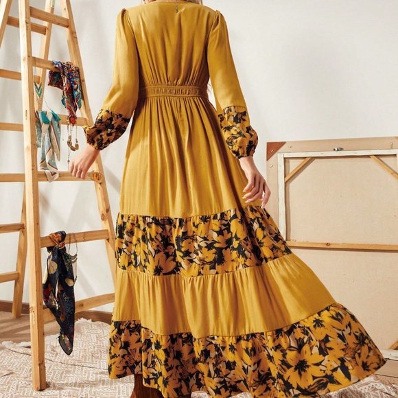 Yellow Boho Womens Floral Print Tassel Tie Neck Lantern Sleeve Ruffle Hem Dress - Picture 2 of 5